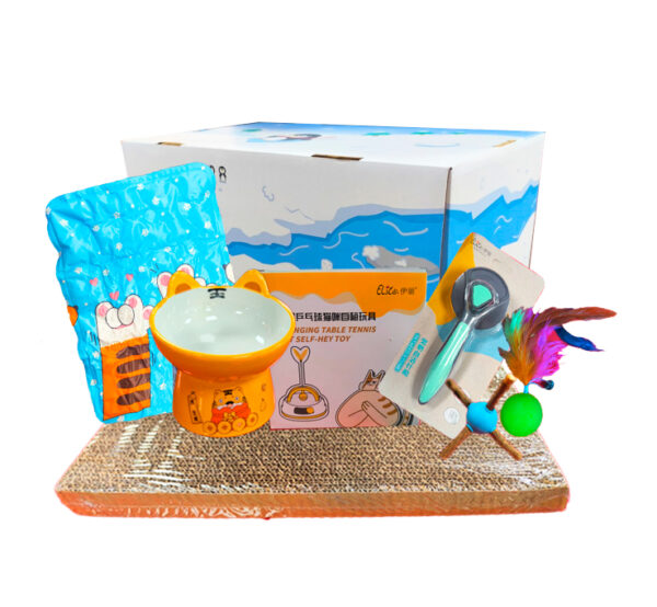 Set Caja Juguetes y Accesorios para Gatos - Con Rascador (0085)